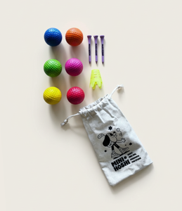 Colourful golf balls (blue, orange, green, pink, yellow and red) and three purple Mini Hoshi branded golf tees, with one yellow plastic starter tee. Packaged in a Mini Hoshi branded drawstring bag on an off-white background.